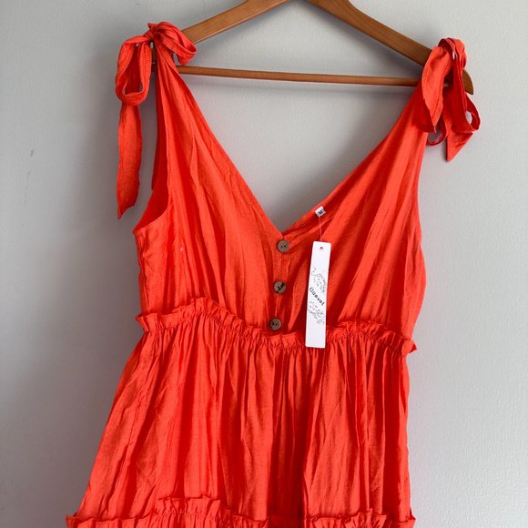 Gavot NWT Orange Babydoll Flare Mini Dress Tie Straps Pullover Lightweight M - Picture 6 of 10